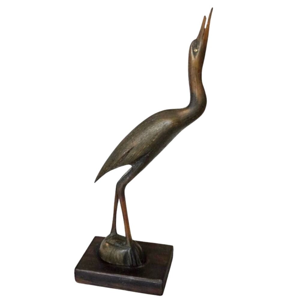 Hand Carved Wood Horn Crane Egret Heron Bird Figure Statue Tropical Decor